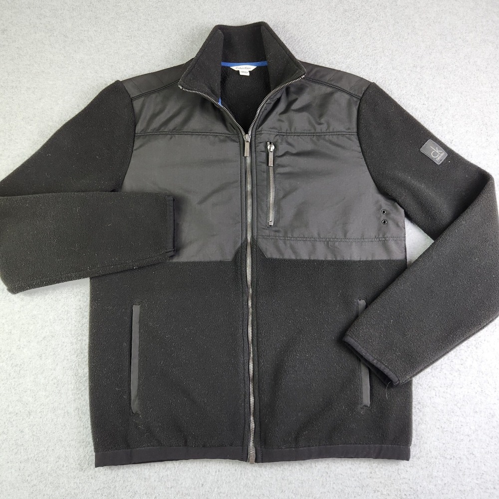 Calvin Klein Fleece Jacket Mens Small‎ Black Mixed Media Full Zip Mock Neck CK